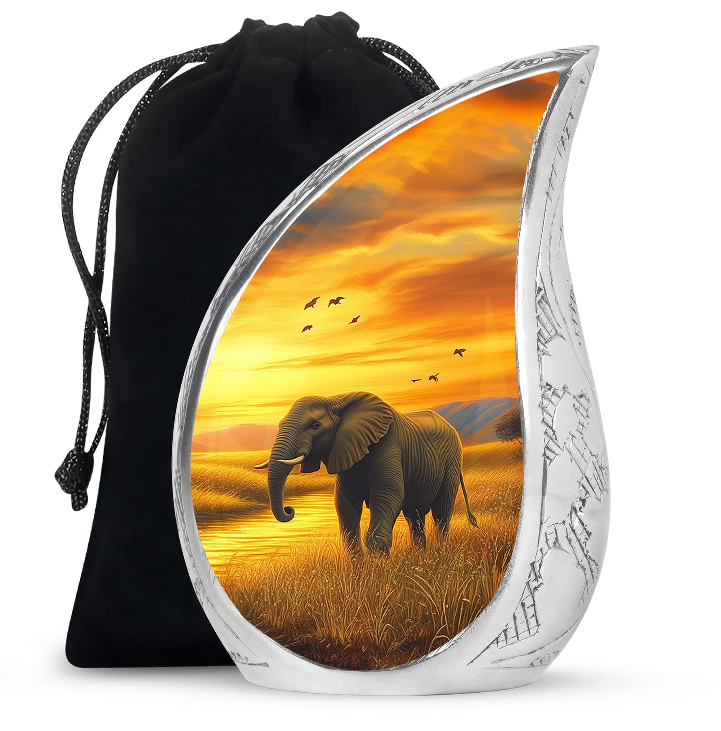 Champagne Gold Elephant Cremation Urn front view showing detailed design - flowing teardrop elephant silhouette on curved aluminum - full-size 10 inch 200 cubic inch adult cremation urn