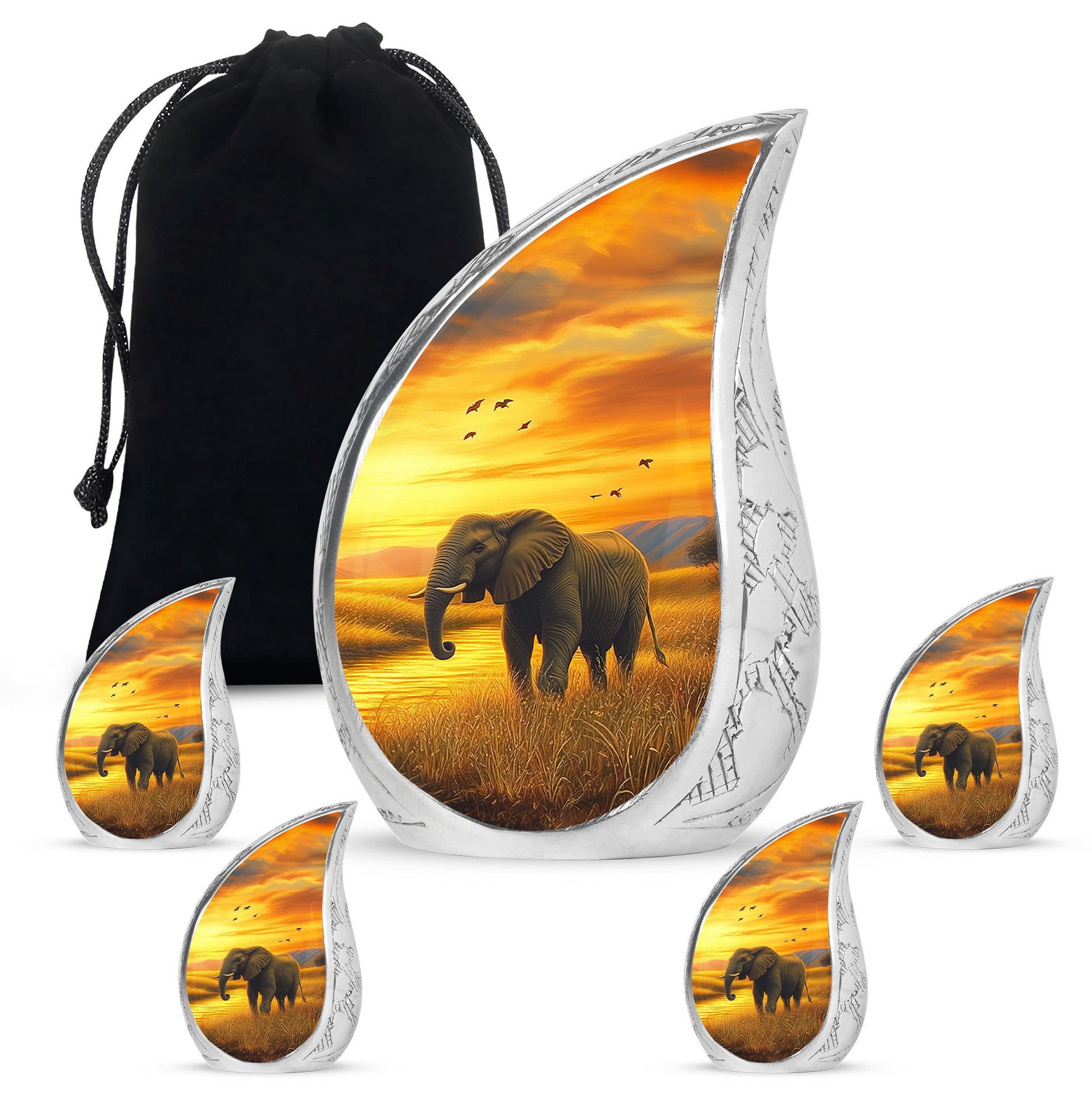 Burnished Gold Elephant Cremation Urn side profile showing urn shape - graceful tear-shaped urn with elephant motif - memorial set with one large and four small urns