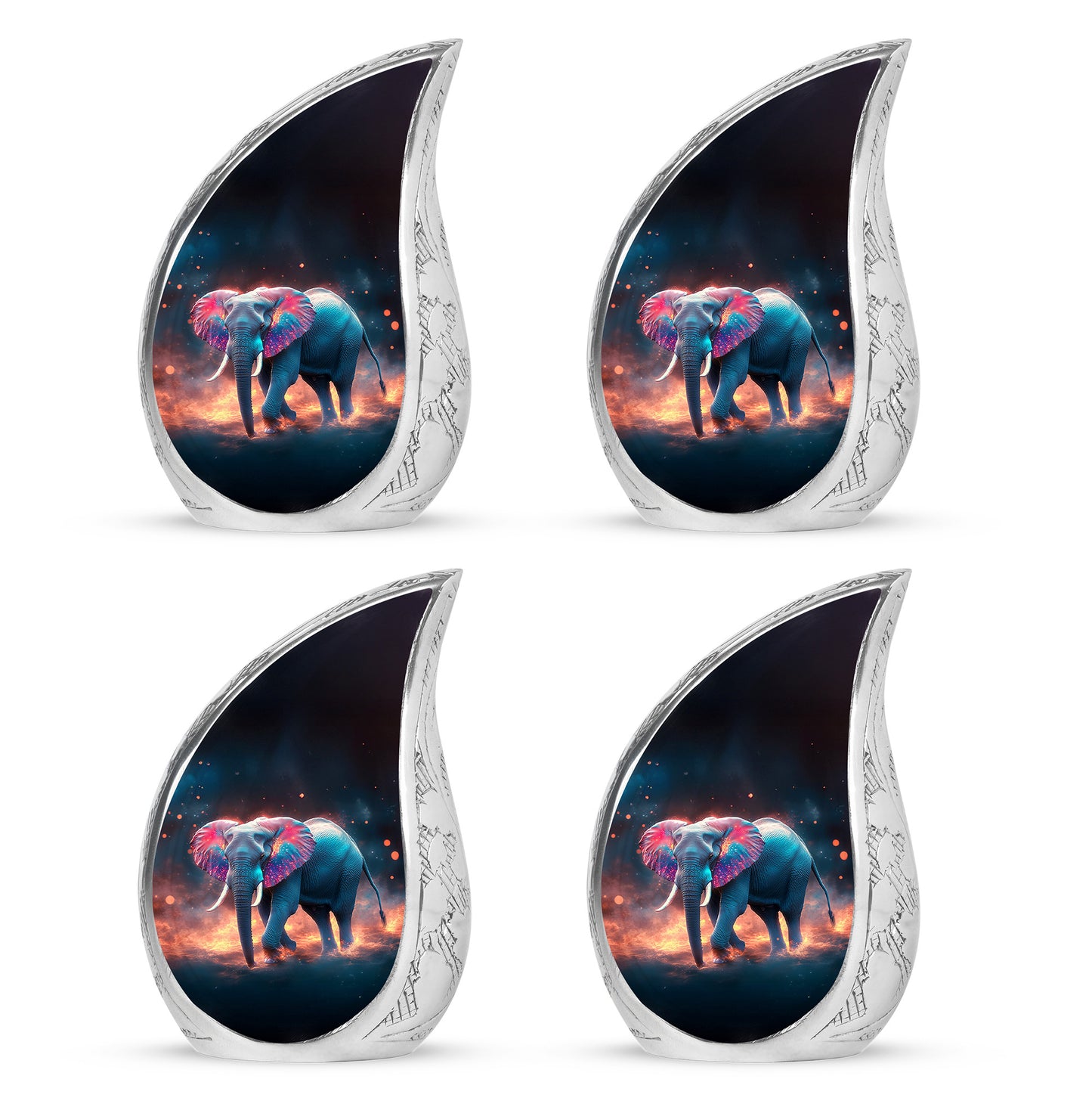 Onyx Black Elephant Cremation Urn close-up of engraving and surface detail - smooth teardrop contour featuring elephant art - 10 inch aluminum urn for cremated remains