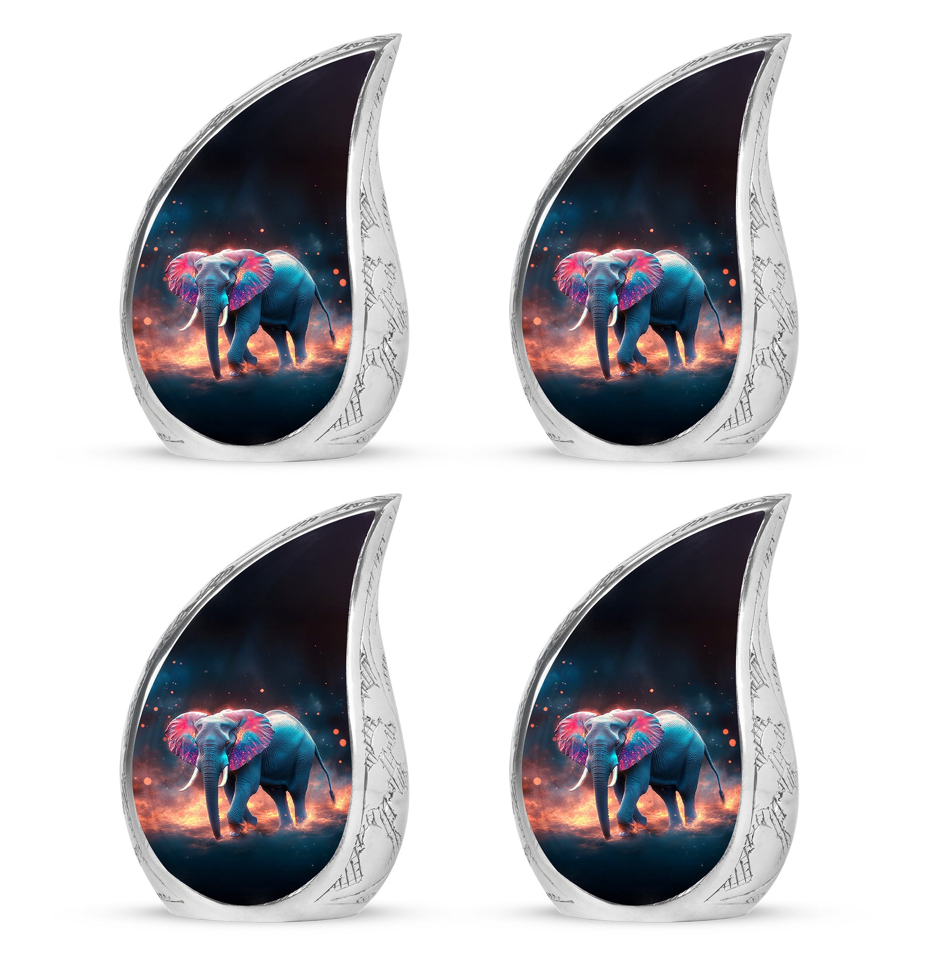 Onyx Black Elephant Cremation Urn close-up of engraving and surface detail - smooth teardrop contour featuring elephant art - 10 inch aluminum urn for cremated remains