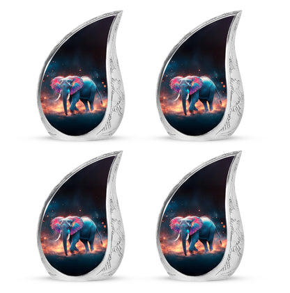 Onyx Black Elephant Cremation Urn close-up of engraving and surface detail - smooth teardrop contour featuring elephant art - 10 inch aluminum urn for cremated remains