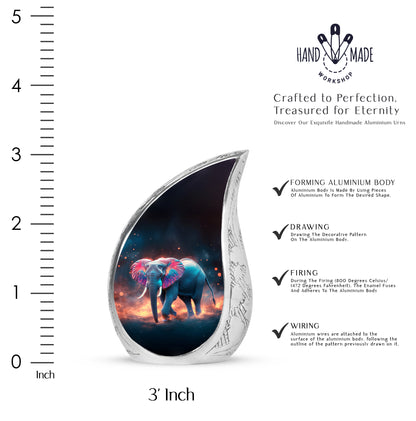 Midnight Black Elephant Cremation Urn angled view of lid and engraved motif - graceful tear-shaped urn with elephant motif - mini keepsake memorial for portion of cremation ashes