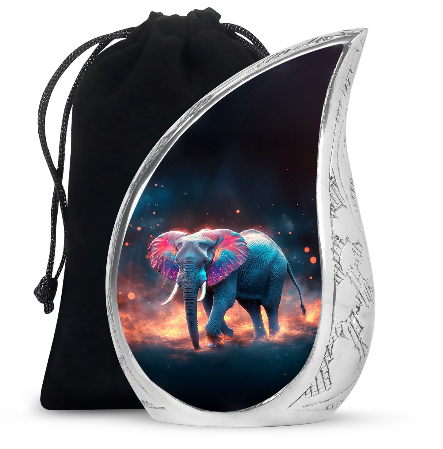 Deep Black Elephant Cremation Urn front view showing detailed design - rounded teardrop elephant design with delicate detail - full-size 10 inch 200 cubic inch adult cremation urn
