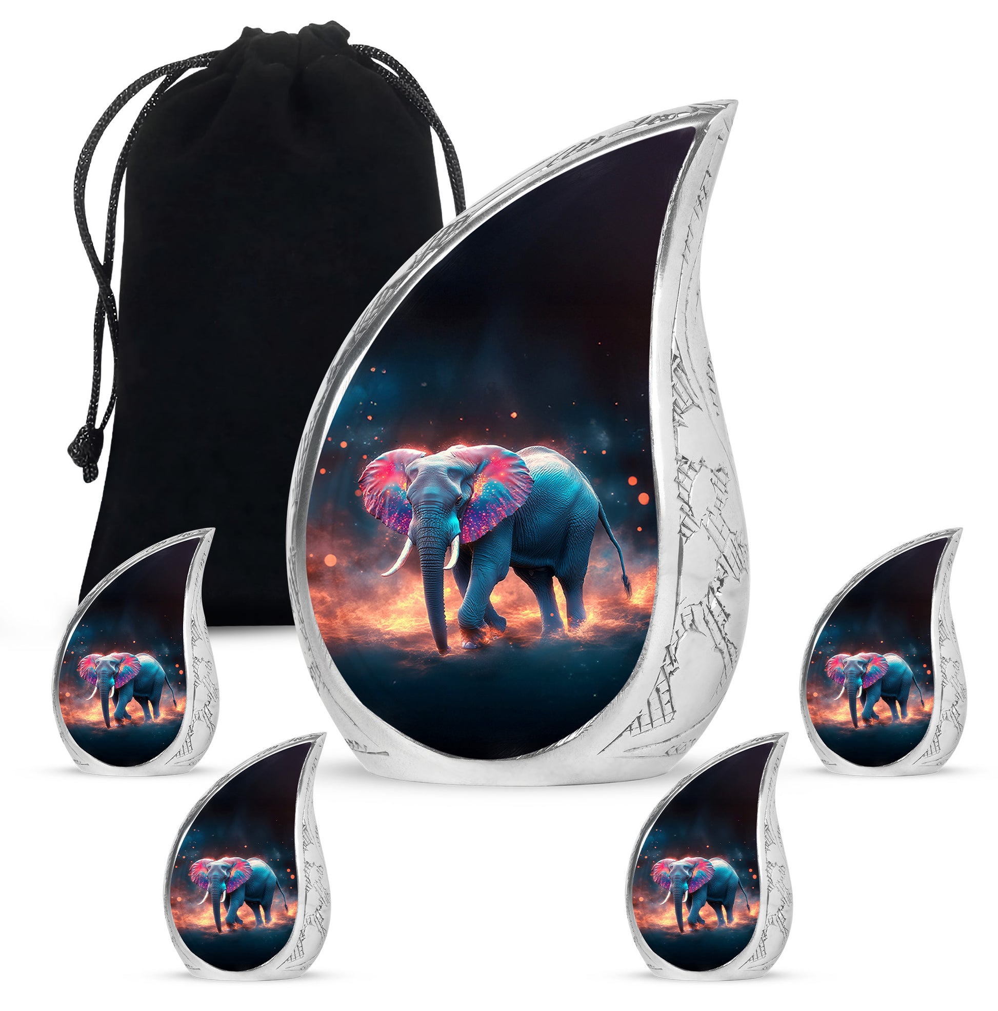 Obsidian Black Elephant Cremation Urn side profile showing urn shape - smooth teardrop contour featuring elephant art - memorial set with one large and four small urns