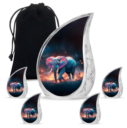 Obsidian Black Elephant Cremation Urn side profile showing urn shape - smooth teardrop contour featuring elephant art - memorial set with one large and four small urns