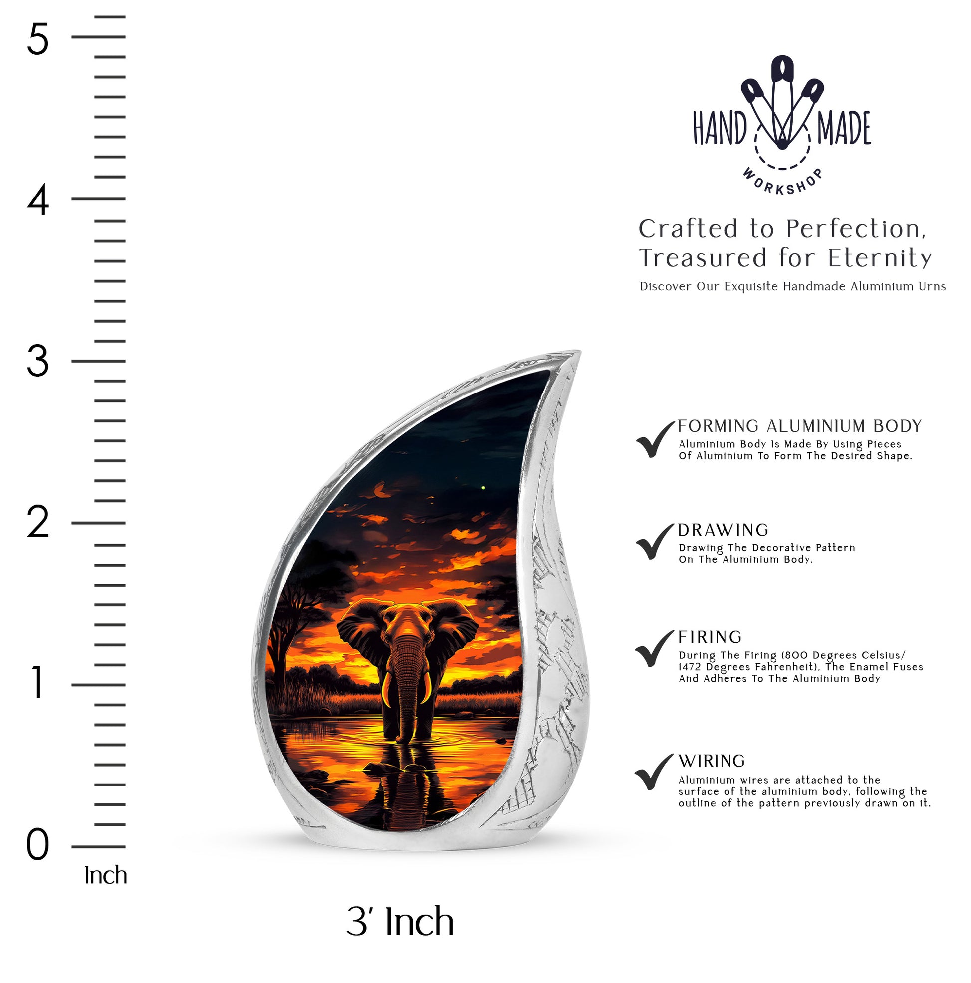 Obsidian Black Elephant Cremation Urn angled view of lid and engraved motif - graceful tear-shaped urn with elephant motif - mini keepsake memorial for portion of cremation ashes