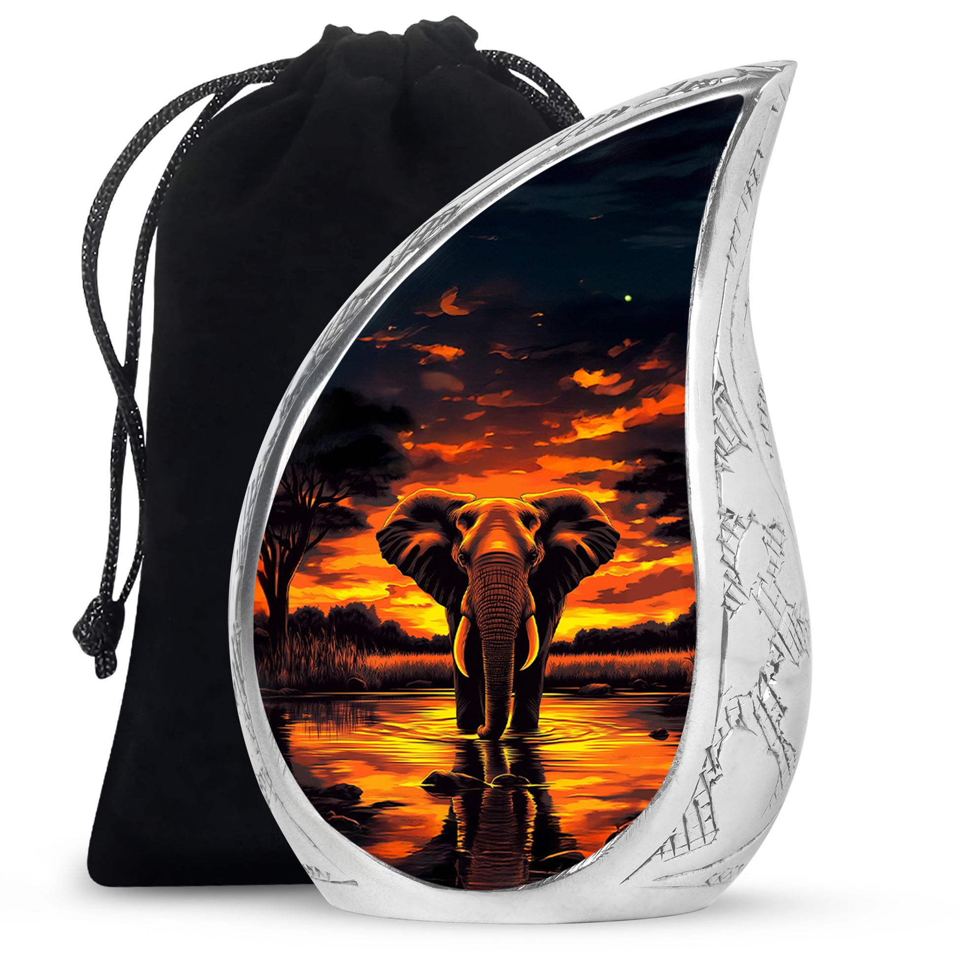 Jet Black Elephant Cremation Urn front view showing detailed design - flowing teardrop elephant silhouette on curved aluminum - full-size 10 inch 200 cubic inch adult cremation urn