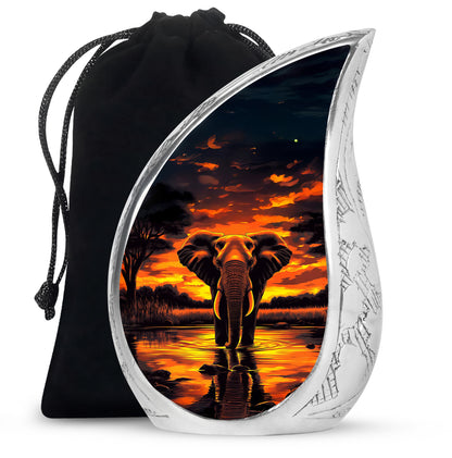 Jet Black Elephant Cremation Urn front view showing detailed design - flowing teardrop elephant silhouette on curved aluminum - full-size 10 inch 200 cubic inch adult cremation urn