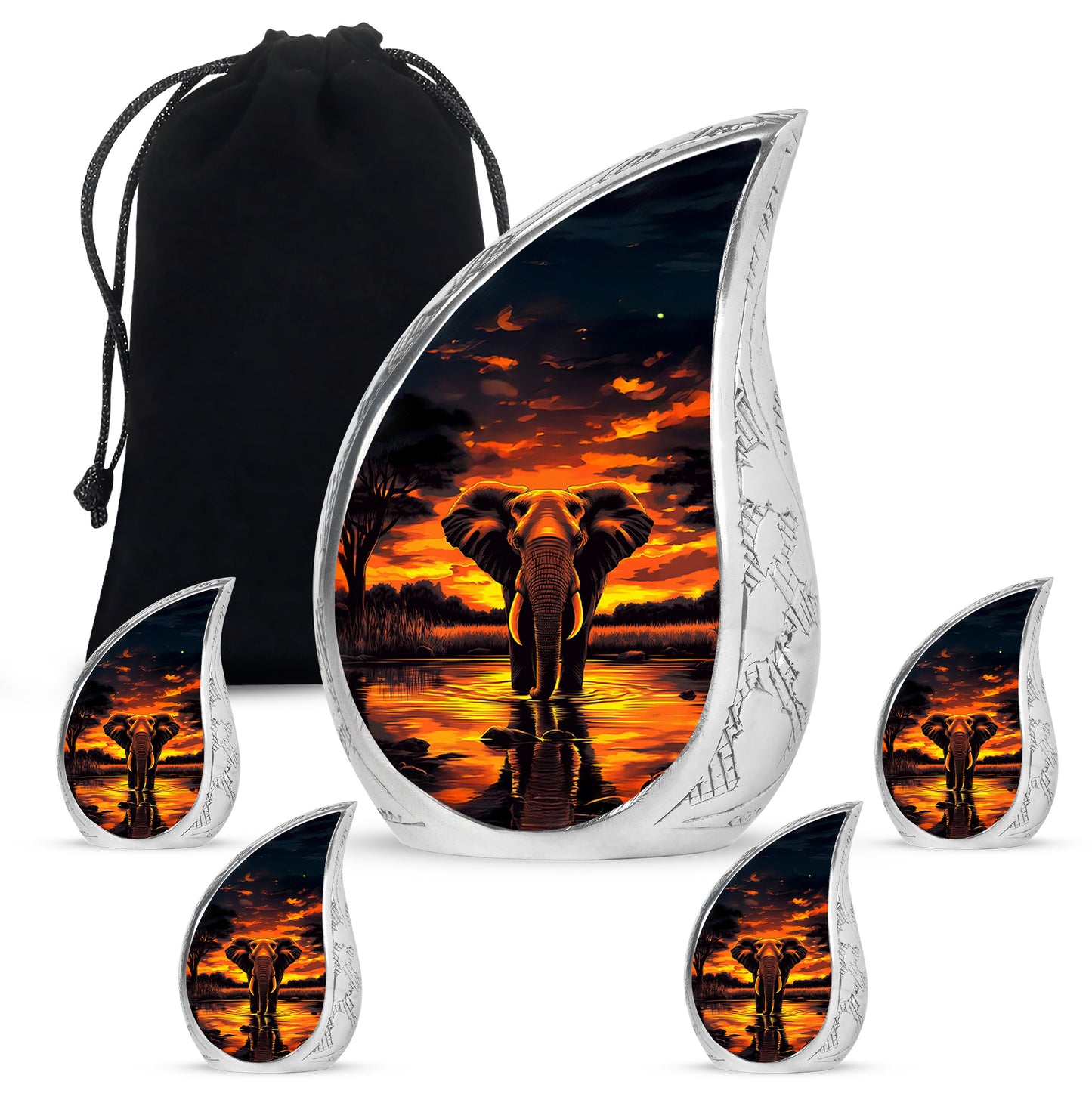 Obsidian Black Elephant Cremation Urn side profile showing urn shape - graceful tear-shaped urn with elephant motif - memorial set with one large and four small urns