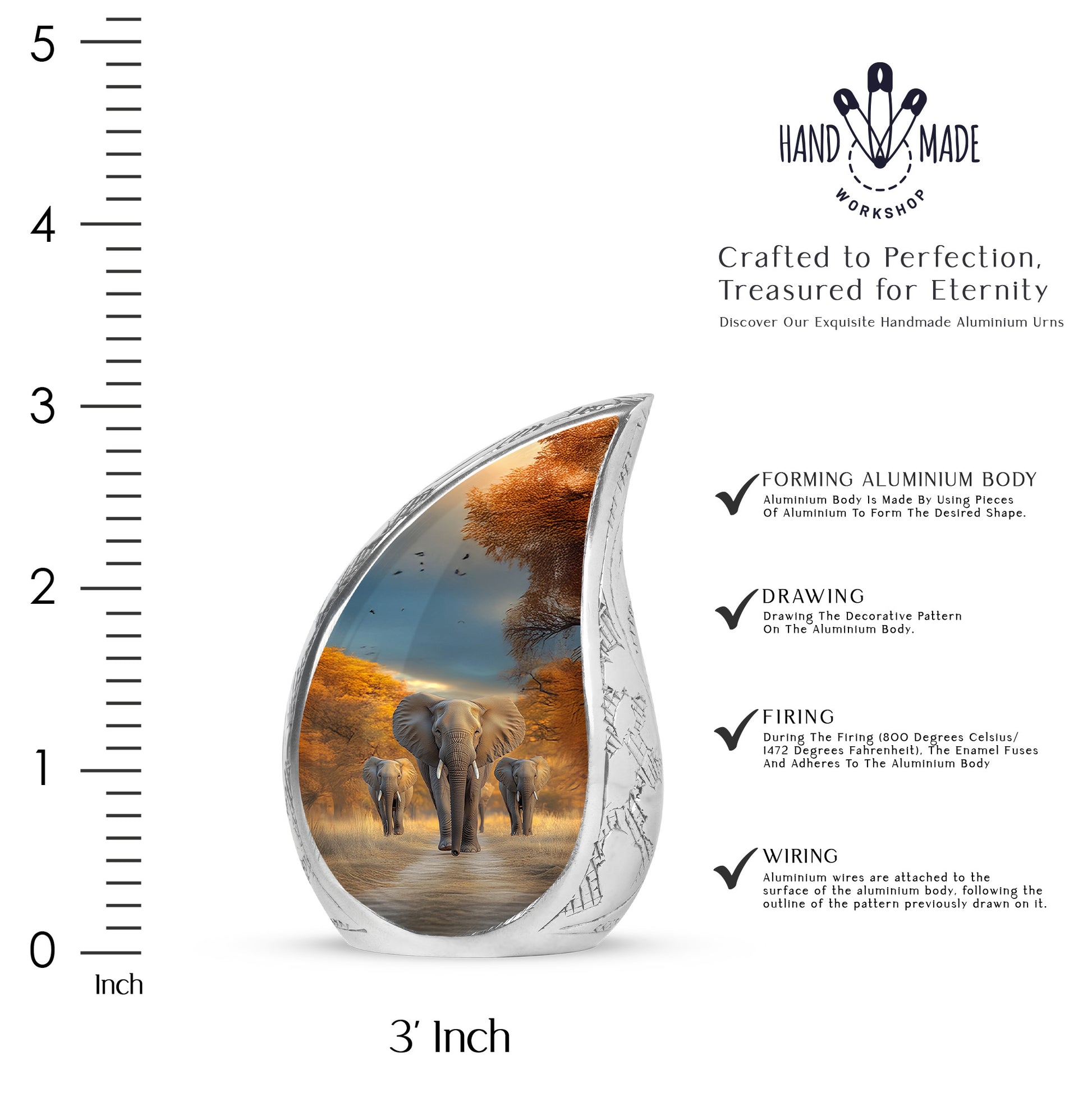 Icy Blue Elephant Cremation Urn angled view of lid and engraved motif - rounded teardrop elephant design with delicate detail - mini keepsake memorial for portion of cremation ashes