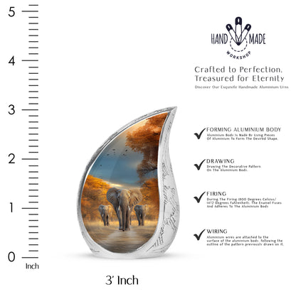 Icy Blue Elephant Cremation Urn angled view of lid and engraved motif - rounded teardrop elephant design with delicate detail - mini keepsake memorial for portion of cremation ashes
