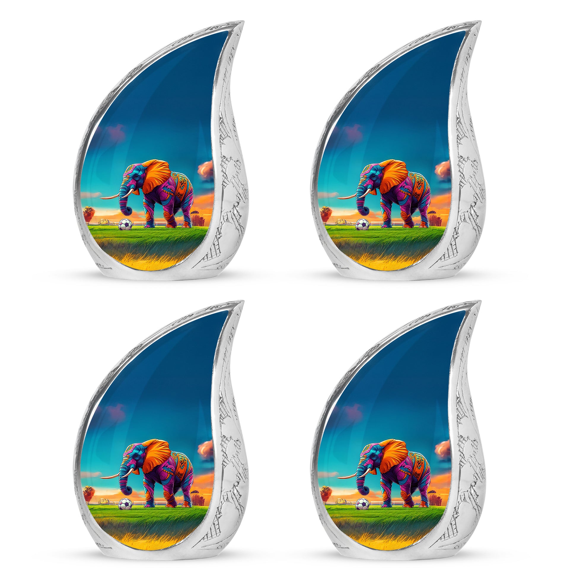 Sapphire Blue Elephant Cremation Urn close-up of engraving and surface detail - smooth teardrop contour featuring elephant art - 10 inch aluminum urn for cremated remains