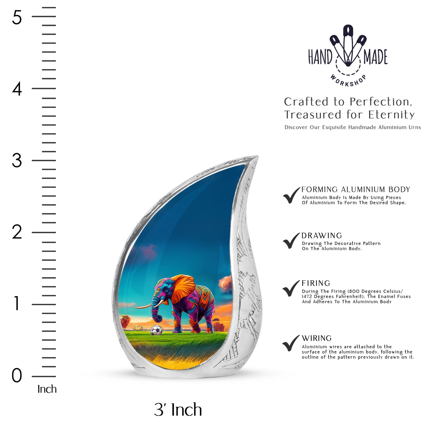 Celestial Blue Elephant Cremation Urn angled view of lid and engraved motif - rounded teardrop elephant design with delicate detail - mini keepsake memorial for portion of cremation ashes