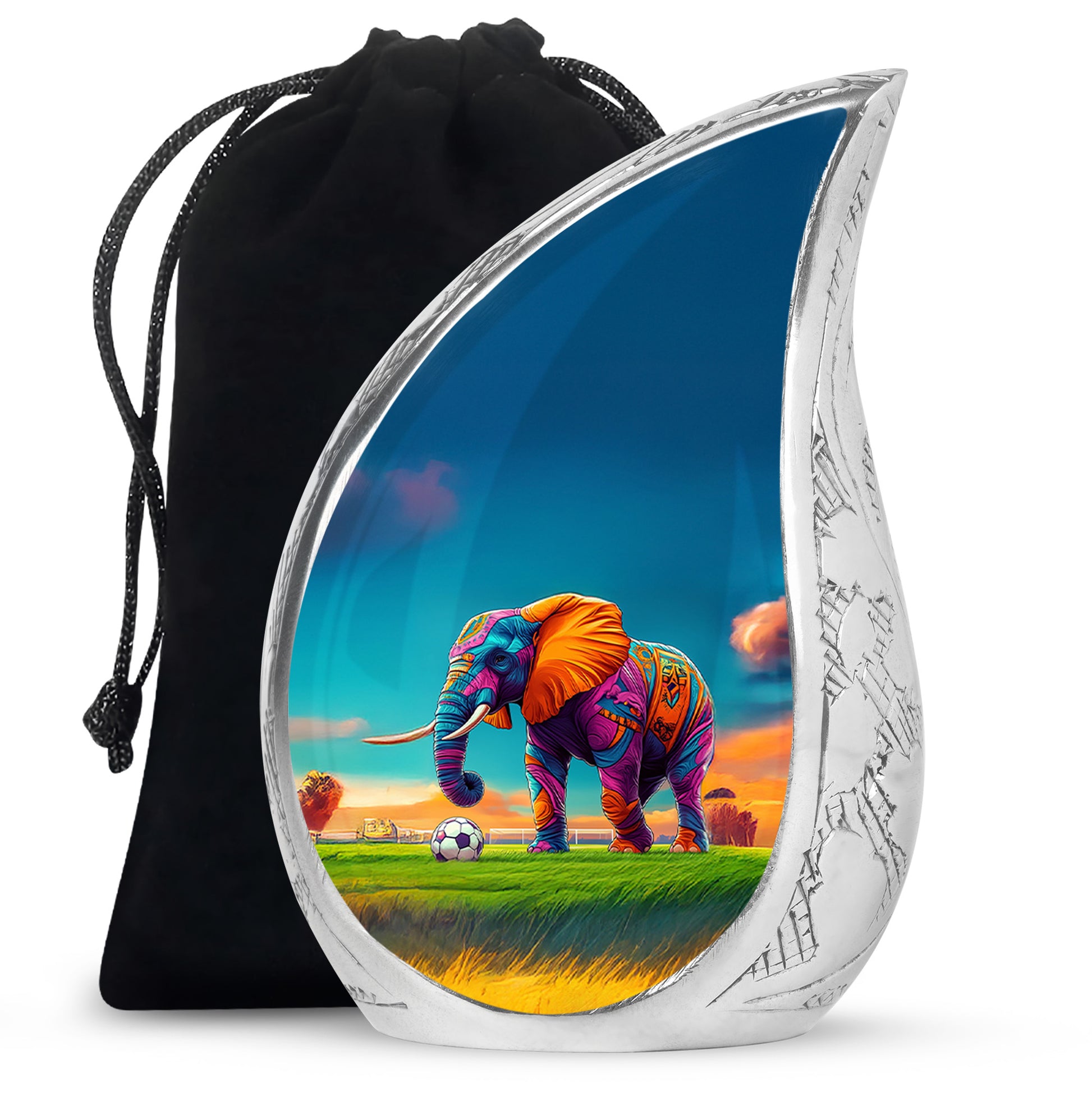 Sky Blue Elephant Cremation Urn front view showing detailed design - flowing teardrop elephant silhouette on curved aluminum - full-size 10 inch 200 cubic inch adult cremation urn
