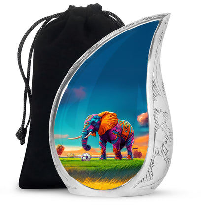 Sky Blue Elephant Cremation Urn front view showing detailed design - flowing teardrop elephant silhouette on curved aluminum - full-size 10 inch 200 cubic inch adult cremation urn