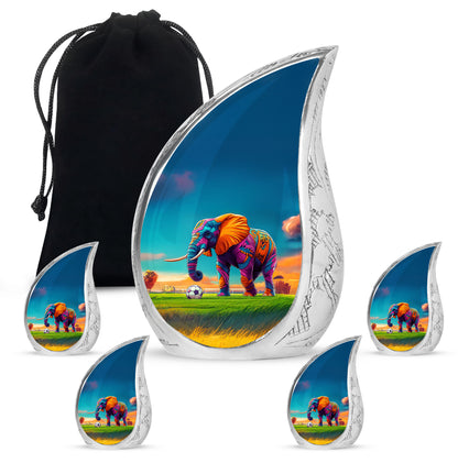 Serene Blue Elephant Cremation Urn side profile showing urn shape - smooth teardrop contour featuring elephant art - memorial set with one large and four small urns
