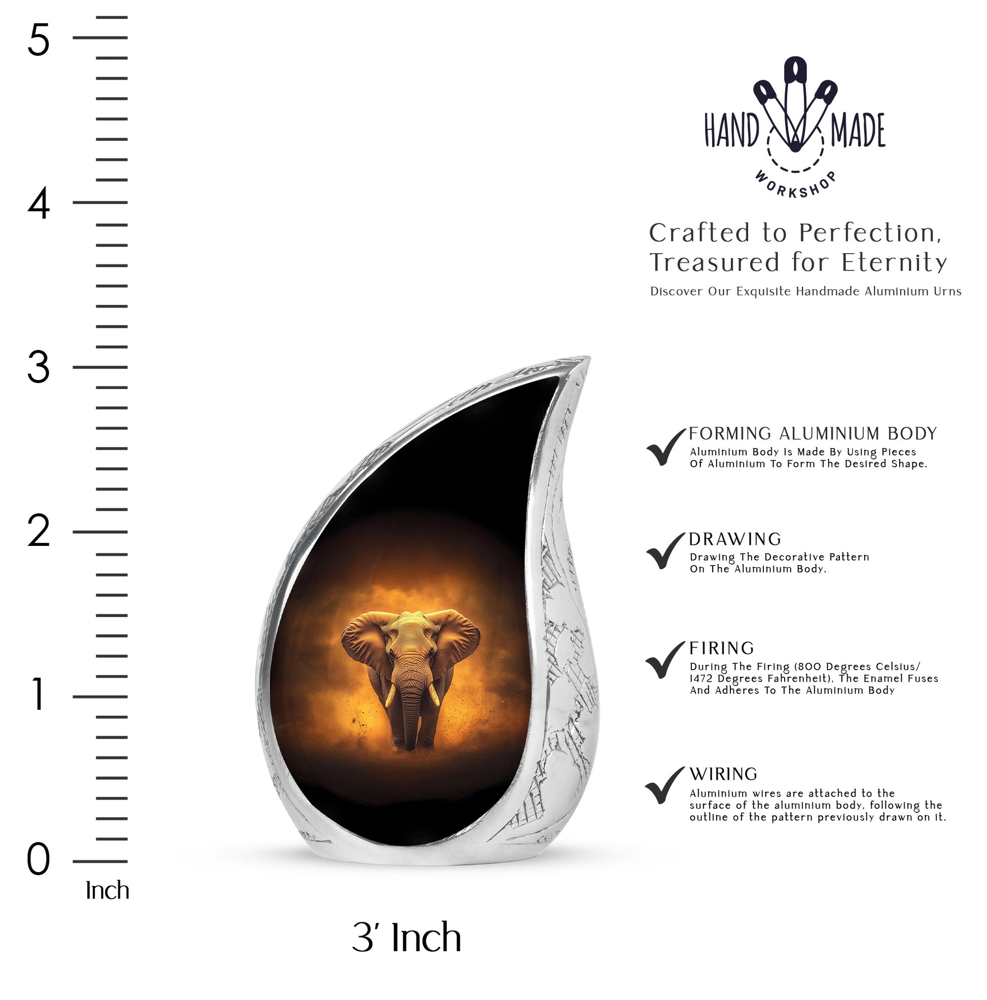 Rich Black Elephant Cremation Urn angled view of lid and engraved motif - rounded teardrop elephant design with delicate detail - mini keepsake memorial for portion of cremation ashes