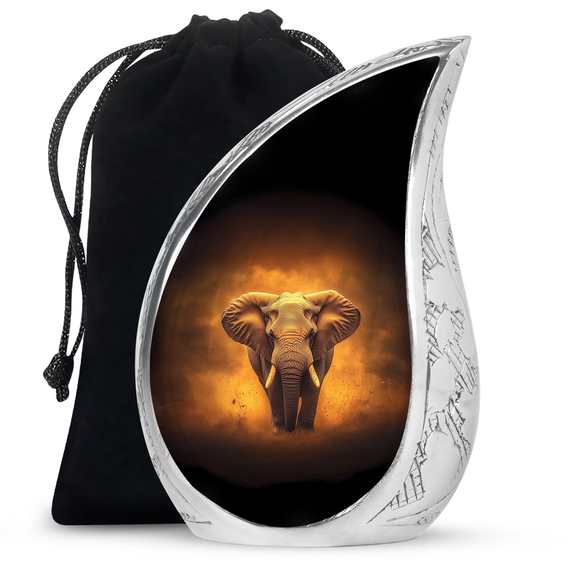 Glossy Black Elephant Cremation Urn front view showing detailed design - rounded teardrop elephant design with delicate detail - full-size 10 inch 200 cubic inch adult cremation urn