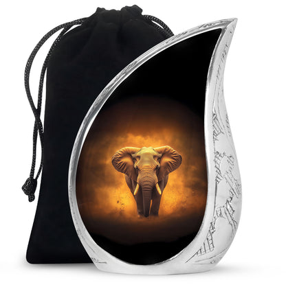 Glossy Black Elephant Cremation Urn front view showing detailed design - rounded teardrop elephant design with delicate detail - full-size 10 inch 200 cubic inch adult cremation urn