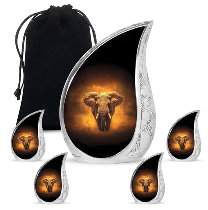 Charcoal Black Elephant Cremation Urn side profile showing urn shape - graceful tear-shaped urn with elephant motif - memorial set with one large and four small urns