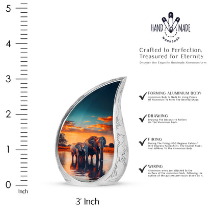 Tropical Teal Elephant Cremation Urn angled view of lid and engraved motif - graceful tear-shaped urn with elephant motif - mini keepsake memorial for portion of cremation ashes