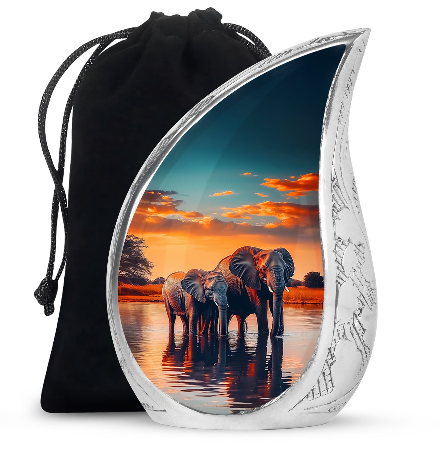 Deep Teal Elephant Cremation Urn front view showing detailed design - graceful tear-shaped urn with elephant motif - full-size 10 inch 200 cubic inch adult cremation urn