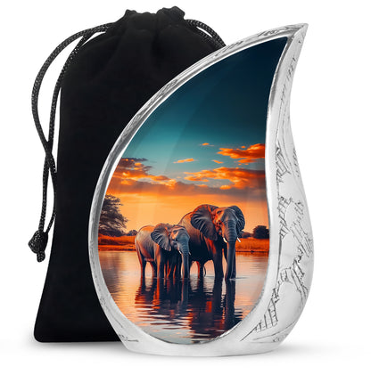 Deep Teal Elephant Cremation Urn front view showing detailed design - graceful tear-shaped urn with elephant motif - full-size 10 inch 200 cubic inch adult cremation urn
