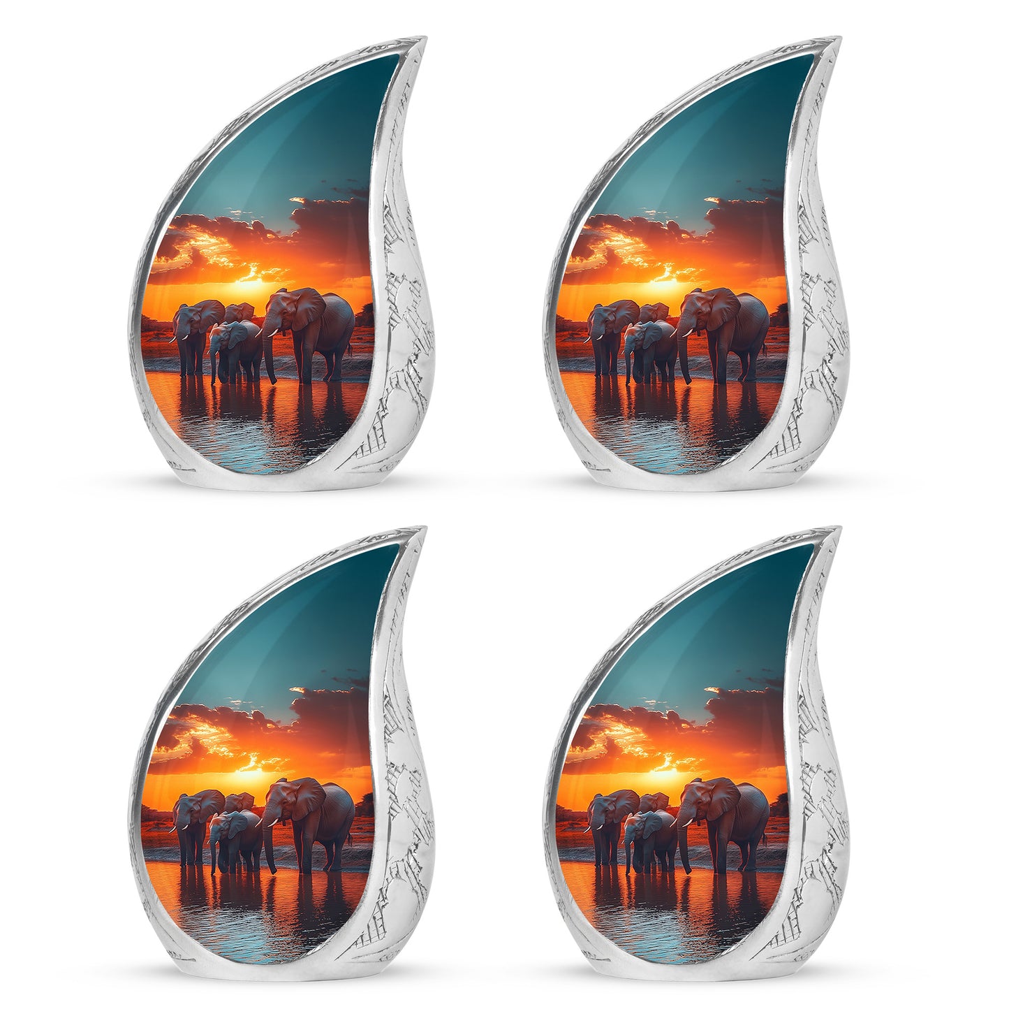 Sea Green Teal Elephant Cremation Urn close-up of engraving and surface detail - flowing teardrop elephant silhouette on curved aluminum - 10 inch aluminum urn for cremated remains