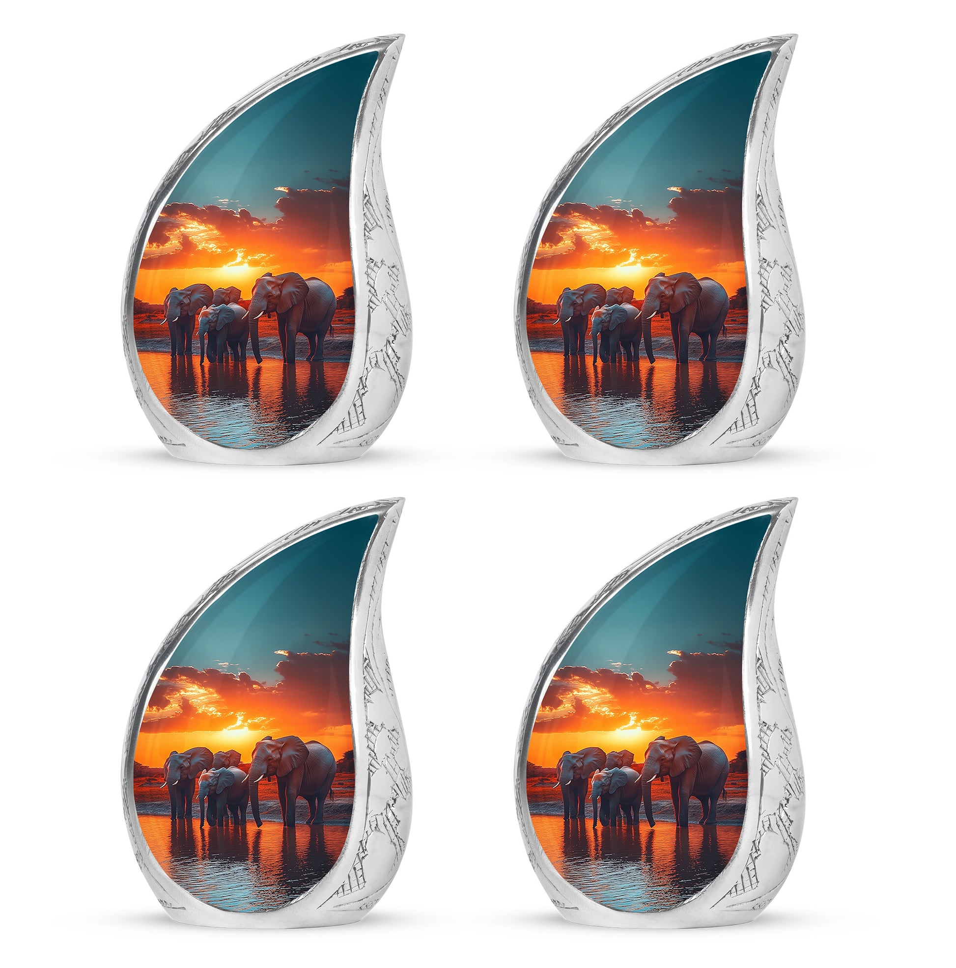 Sea Green Teal Elephant Cremation Urn close-up of engraving and surface detail - flowing teardrop elephant silhouette on curved aluminum - 10 inch aluminum urn for cremated remains
