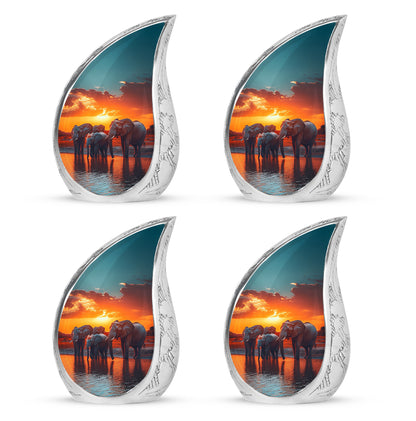 Sea Green Teal Elephant Cremation Urn close-up of engraving and surface detail - flowing teardrop elephant silhouette on curved aluminum - 10 inch aluminum urn for cremated remains