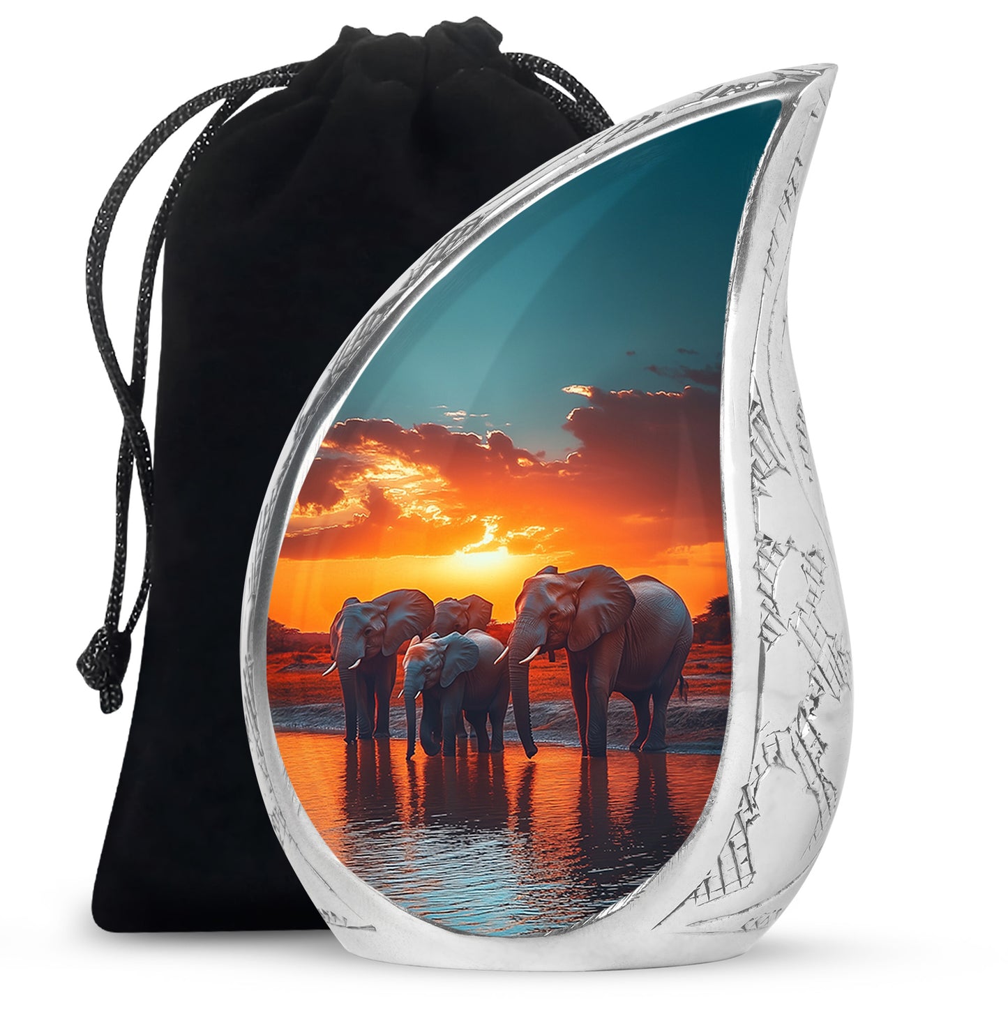 Soft Teal Elephant Cremation Urn front view showing detailed design - flowing teardrop elephant silhouette on curved aluminum - full-size 10 inch 200 cubic inch adult cremation urn