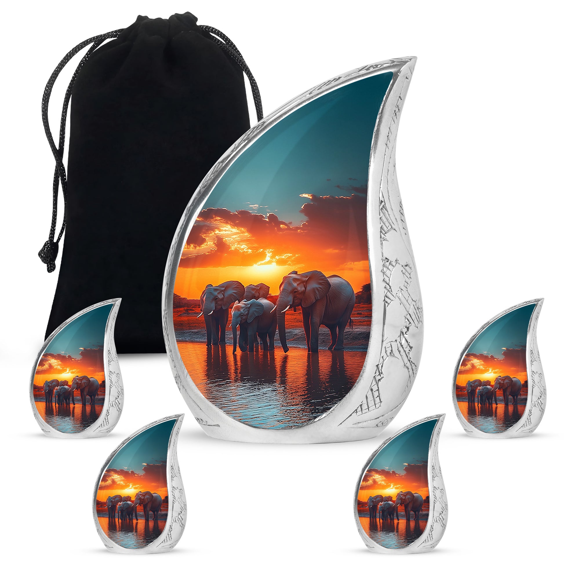 Deep Teal Elephant Cremation Urn side profile showing urn shape - graceful tear-shaped urn with elephant motif - memorial set with one large and four small urns