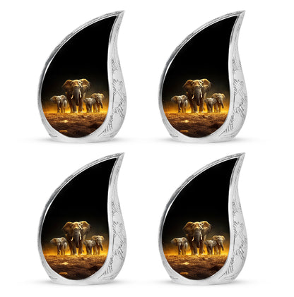 Jet Black Elephant Cremation Urn close-up of engraving and surface detail - rounded teardrop elephant design with delicate detail - 10 inch aluminum urn for cremated remains