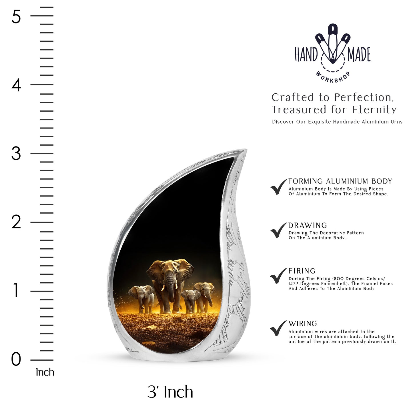 Ebony Elephant Cremation Urn angled view of lid and engraved motif - rounded teardrop elephant design with delicate detail - mini keepsake memorial for portion of cremation ashes
