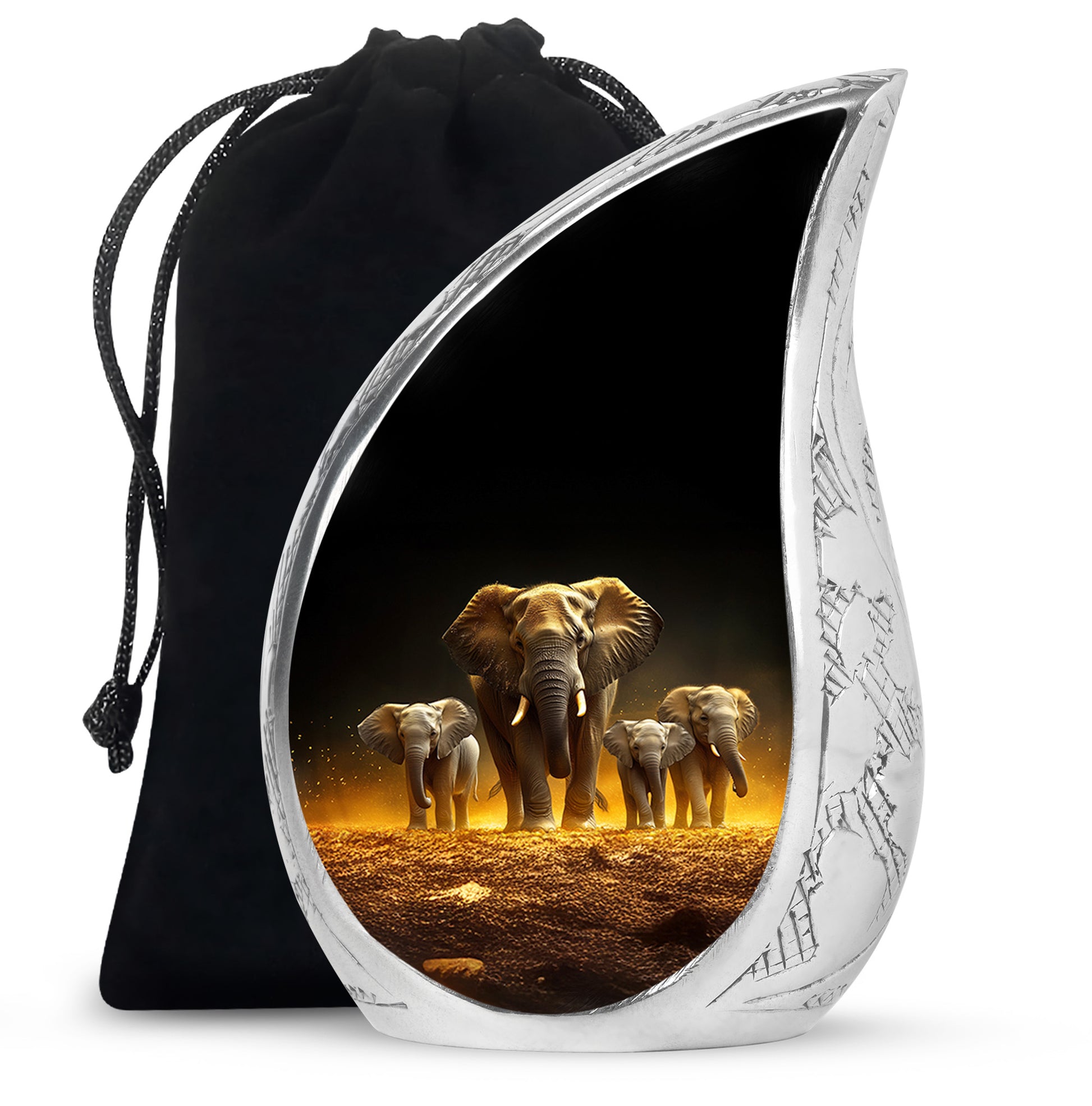Charcoal Black Elephant Cremation Urn front view showing detailed design - smooth teardrop contour featuring elephant art - full-size 10 inch 200 cubic inch adult cremation urn