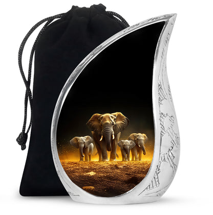 Charcoal Black Elephant Cremation Urn front view showing detailed design - smooth teardrop contour featuring elephant art - full-size 10 inch 200 cubic inch adult cremation urn