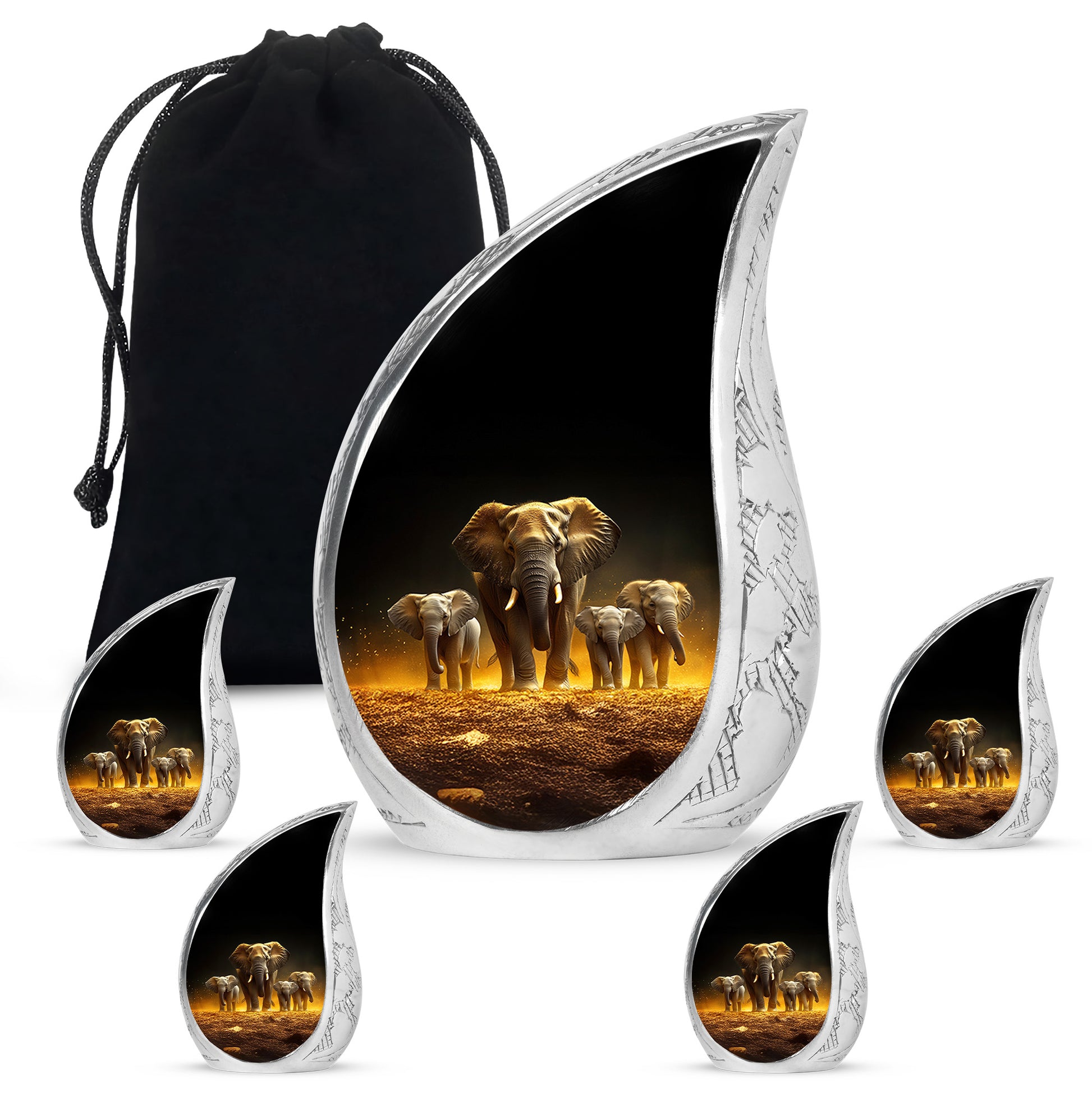 Dark Black Elephant Cremation Urn side profile showing urn shape - smooth teardrop contour featuring elephant art - memorial set with one large and four small urns