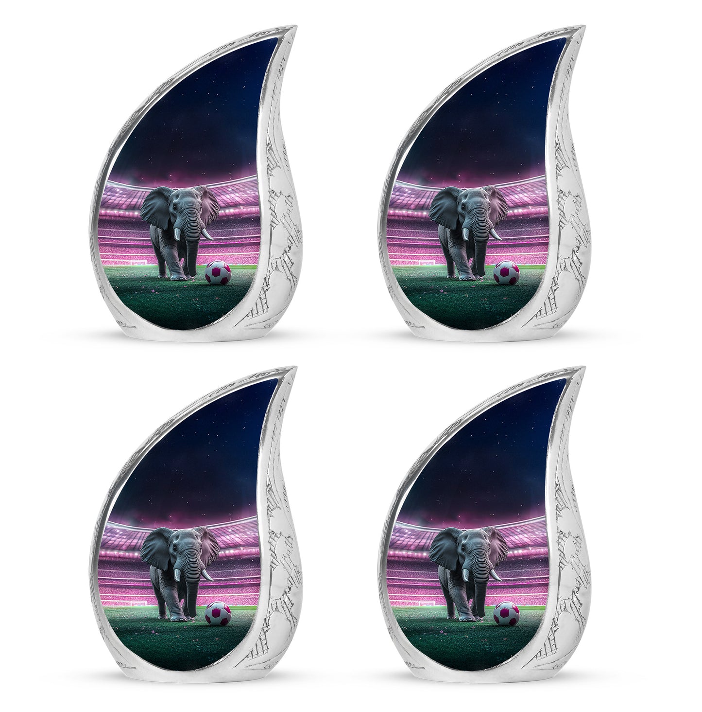 Dark Black Elephant Cremation Urn close-up of engraving and surface detail - smooth teardrop contour featuring elephant art - 10 inch aluminum urn for cremated remains