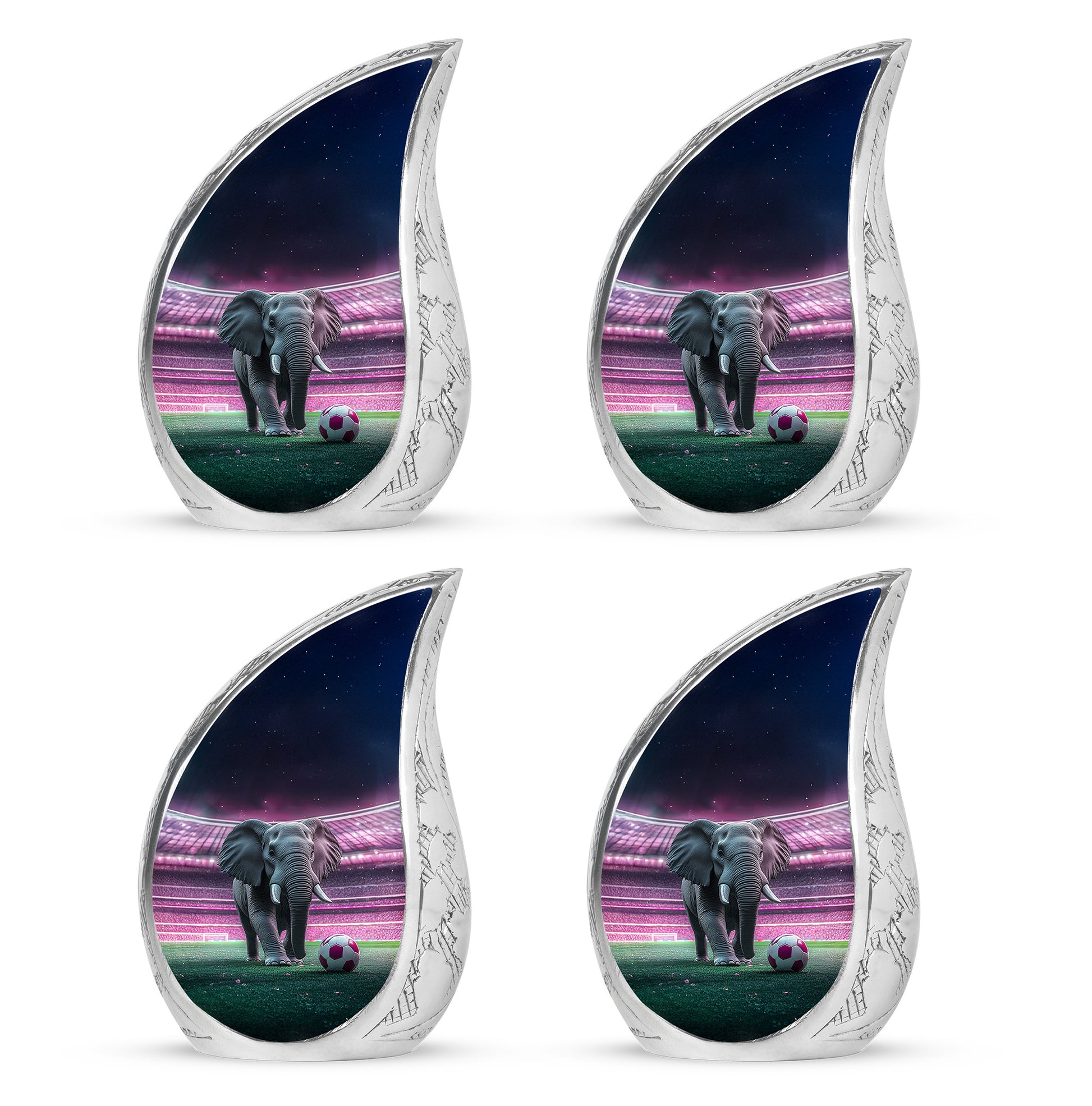 Dark Black Elephant Cremation Urn close-up of engraving and surface detail - smooth teardrop contour featuring elephant art - 10 inch aluminum urn for cremated remains
