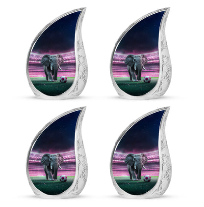 Dark Black Elephant Cremation Urn close-up of engraving and surface detail - smooth teardrop contour featuring elephant art - 10 inch aluminum urn for cremated remains