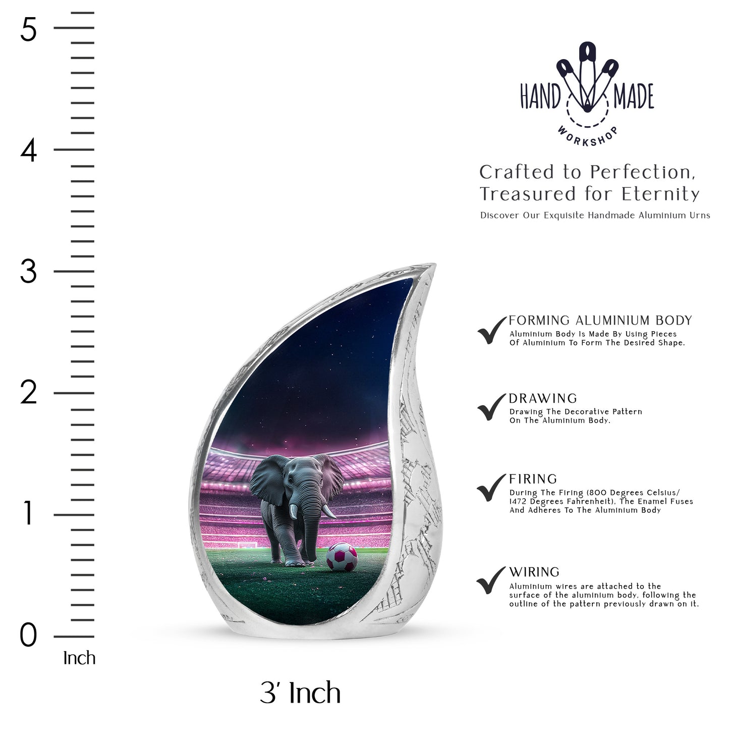 Ebony Elephant Cremation Urn angled view of lid and engraved motif - rounded teardrop elephant design with delicate detail - mini keepsake memorial for portion of cremation ashes