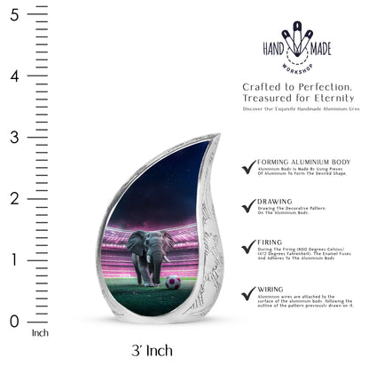 Ebony Elephant Cremation Urn angled view of lid and engraved motif - rounded teardrop elephant design with delicate detail - mini keepsake memorial for portion of cremation ashes
