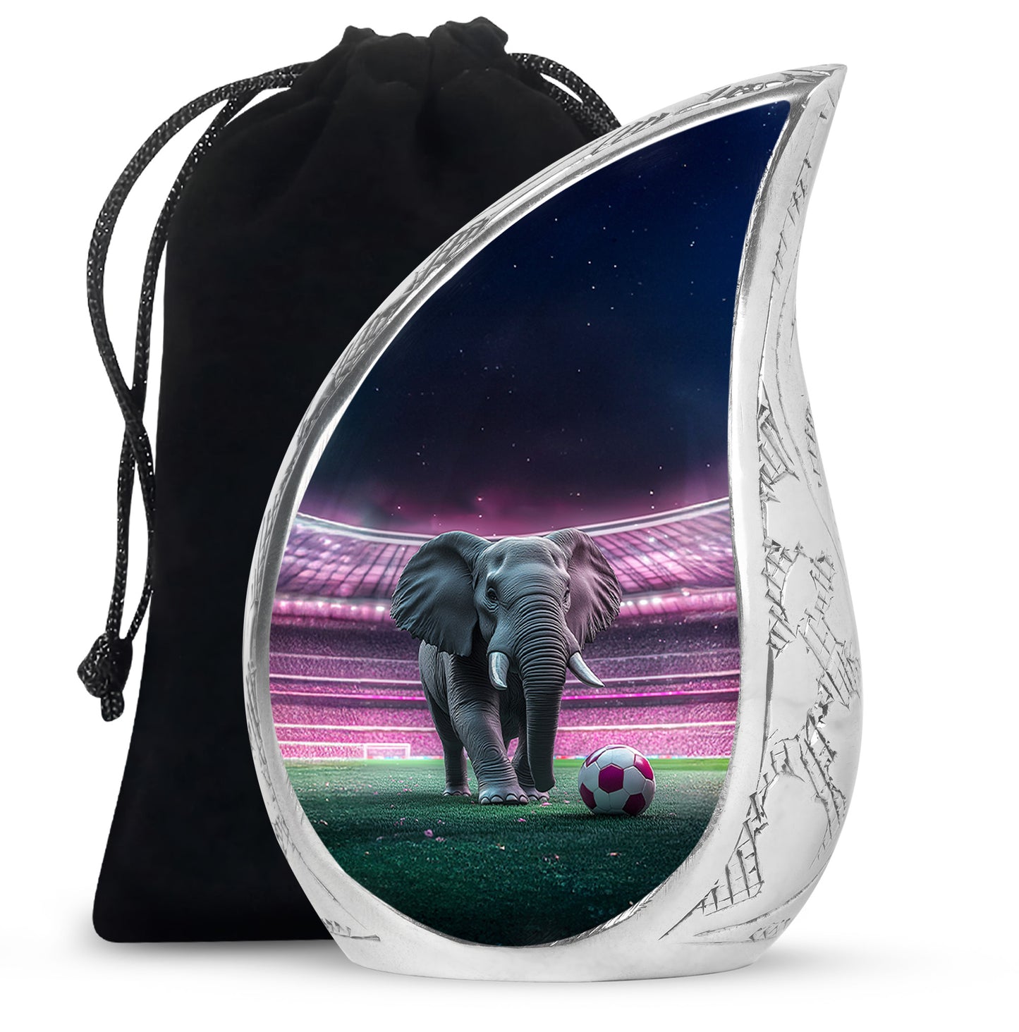 Glossy Black Elephant Cremation Urn front view showing detailed design - rounded teardrop elephant design with delicate detail - full-size 10 inch 200 cubic inch adult cremation urn