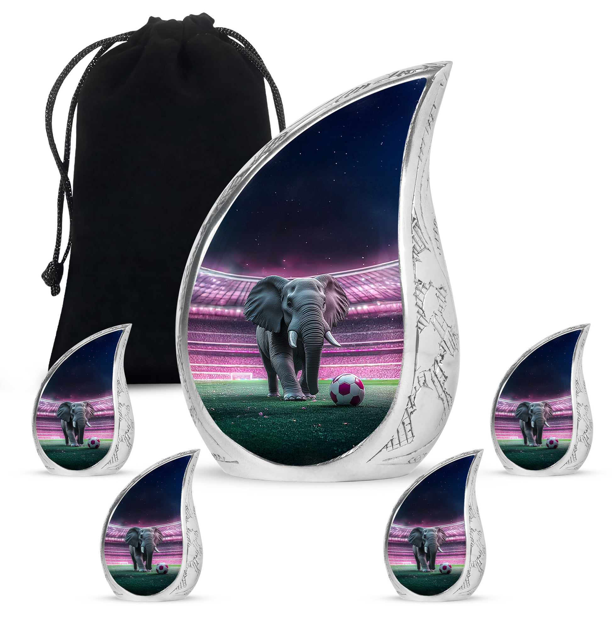 Deep Black Elephant Cremation Urn side profile showing urn shape - flowing teardrop elephant silhouette on curved aluminum - memorial set with one large and four small urns