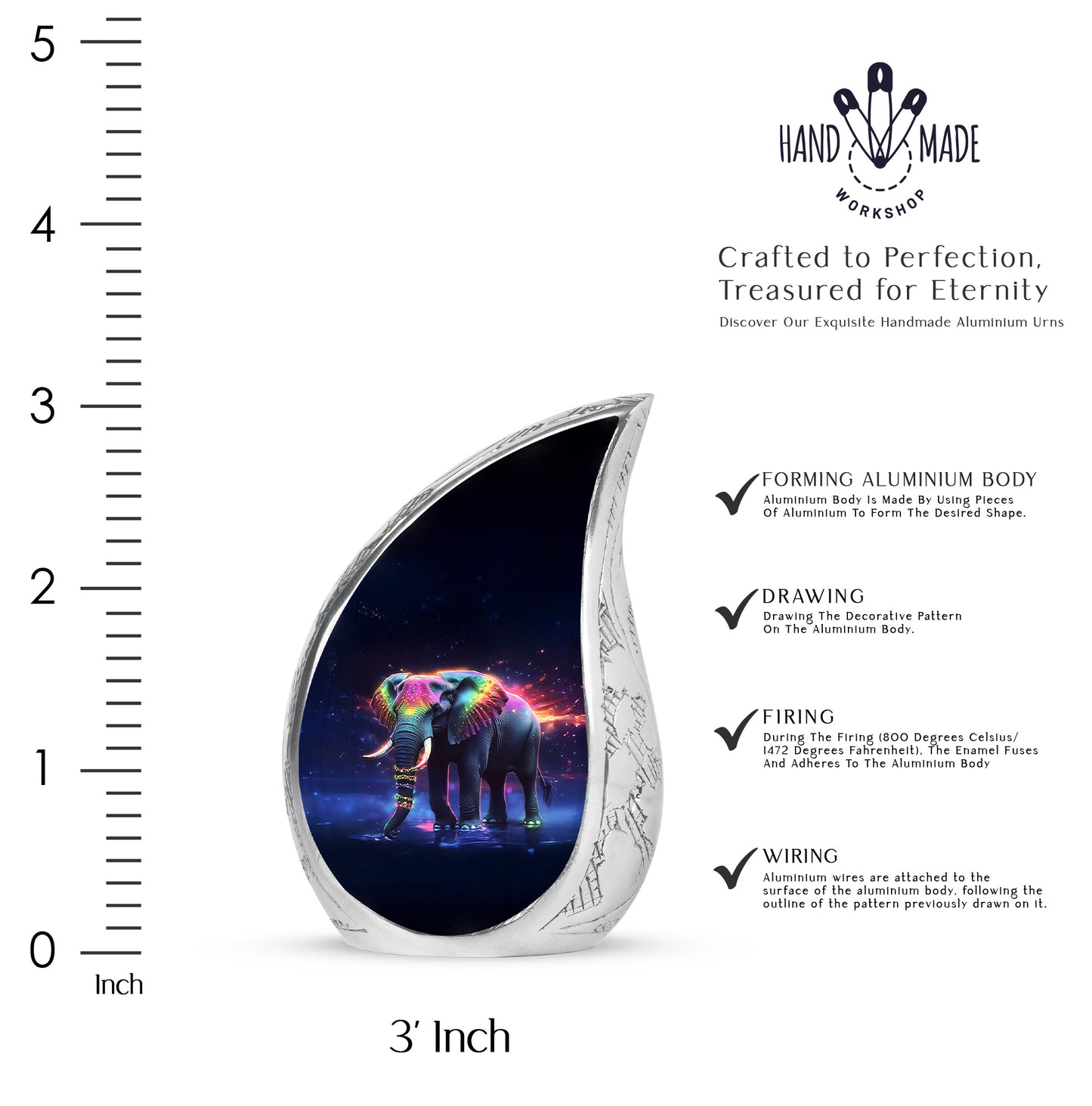 Jet Black Elephant Cremation Urn angled view of lid and engraved motif - rounded teardrop elephant design with delicate detail - mini keepsake memorial for portion of cremation ashes