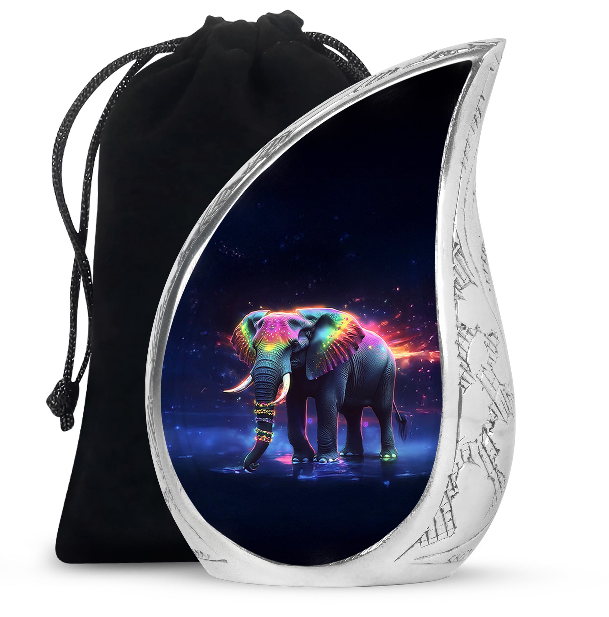 Onyx Black Elephant Cremation Urn front view showing detailed design - graceful tear-shaped urn with elephant motif - full-size 10 inch 200 cubic inch adult cremation urn