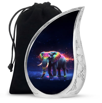 Onyx Black Elephant Cremation Urn front view showing detailed design - graceful tear-shaped urn with elephant motif - full-size 10 inch 200 cubic inch adult cremation urn