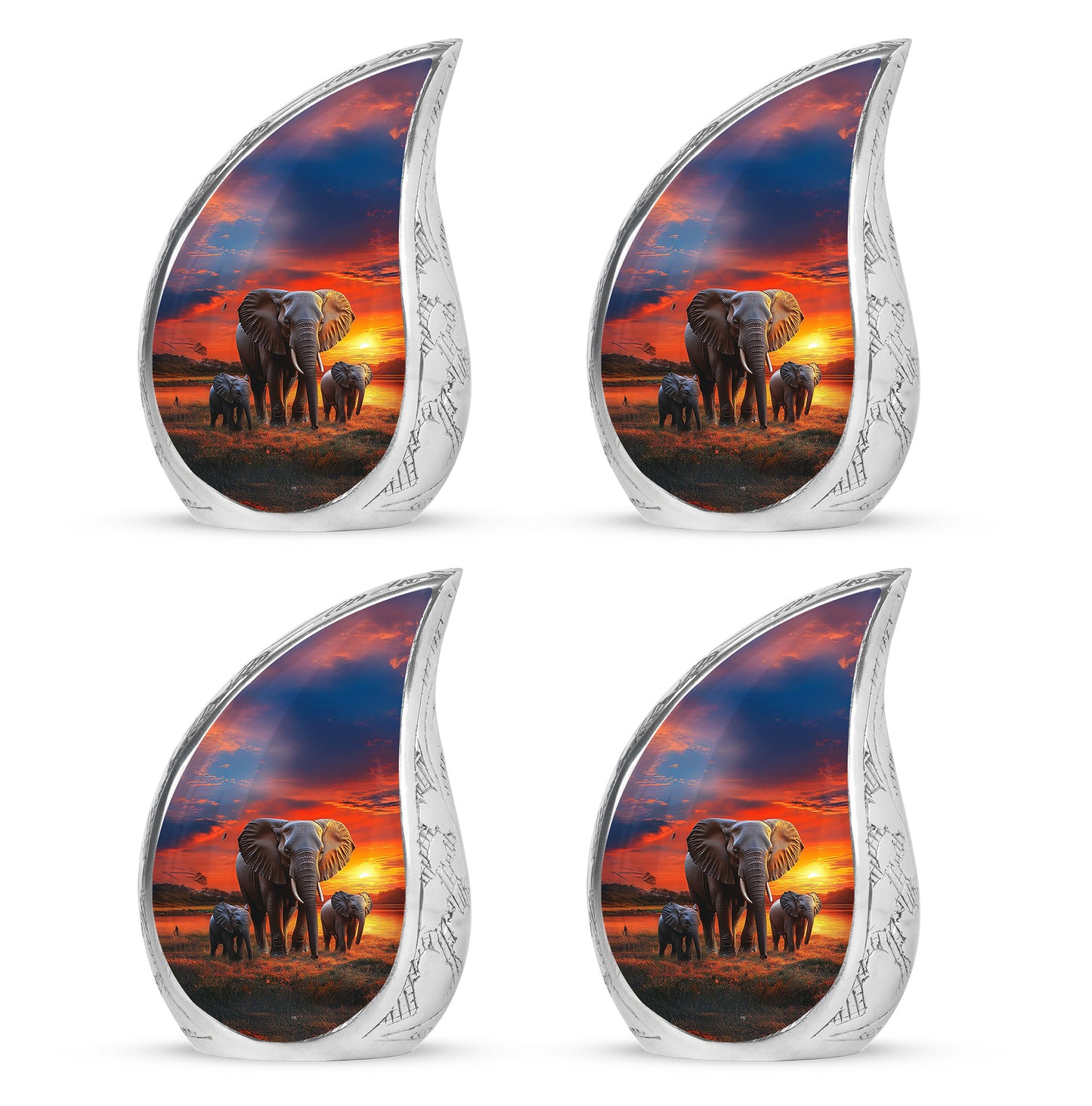 Serene Blue Elephant Cremation Urn close-up of engraving and surface detail - smooth teardrop contour featuring elephant art - 10 inch aluminum urn for cremated remains