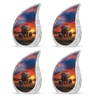 Serene Blue Elephant Cremation Urn close-up of engraving and surface detail - smooth teardrop contour featuring elephant art - 10 inch aluminum urn for cremated remains