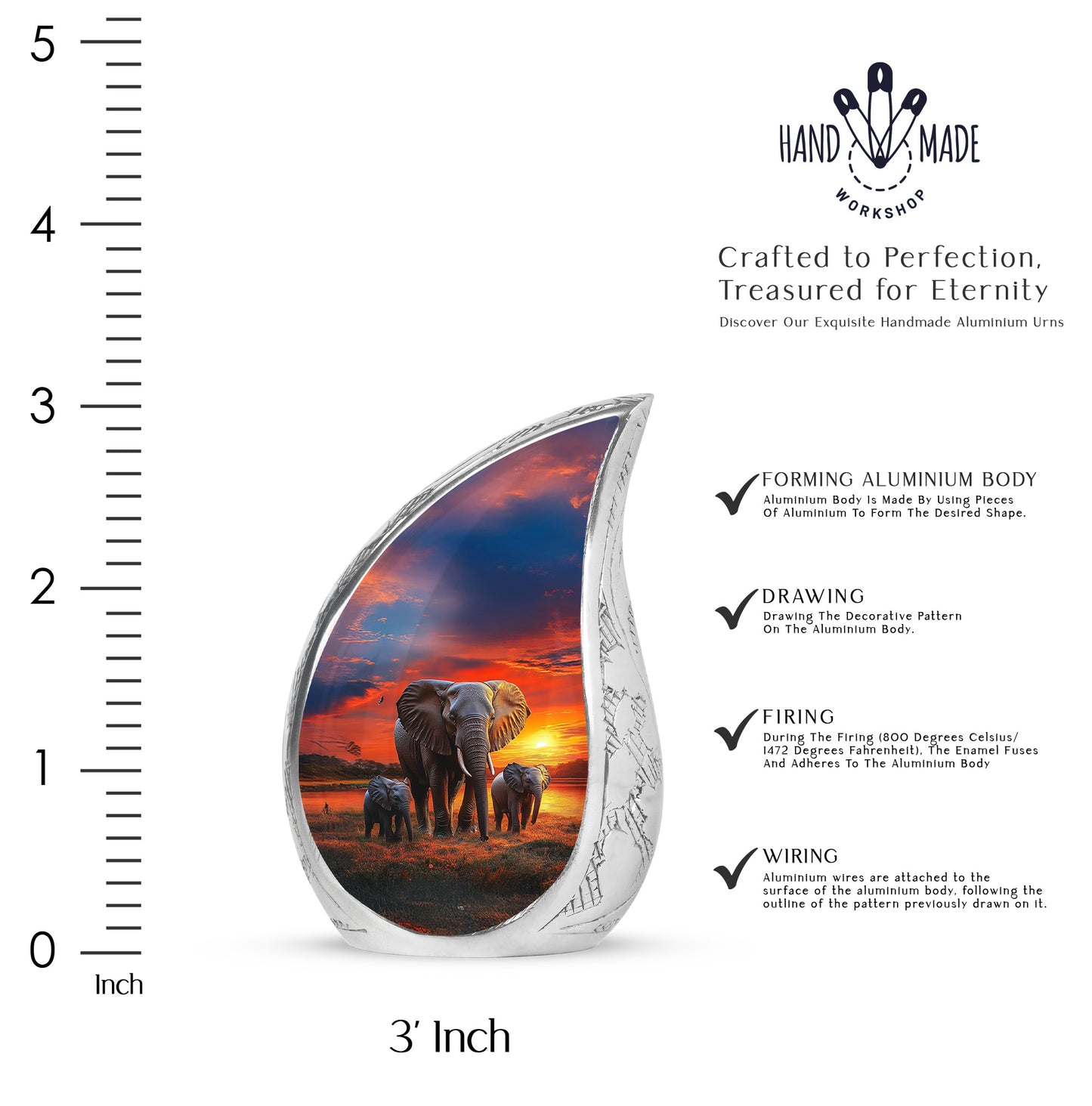 Navy Blue Elephant Cremation Urn angled view of lid and engraved motif - flowing teardrop elephant silhouette on curved aluminum - mini keepsake memorial for portion of cremation ashes